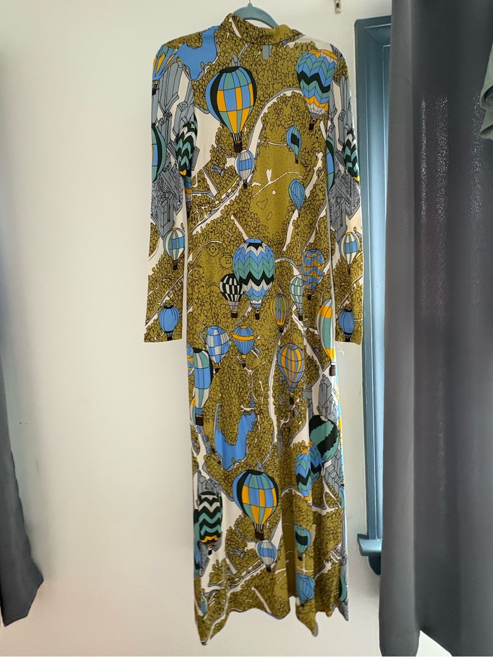 Tory Burch Olive Green Maxi Dress with Blue & Yellow Hot-Air Balloon Print